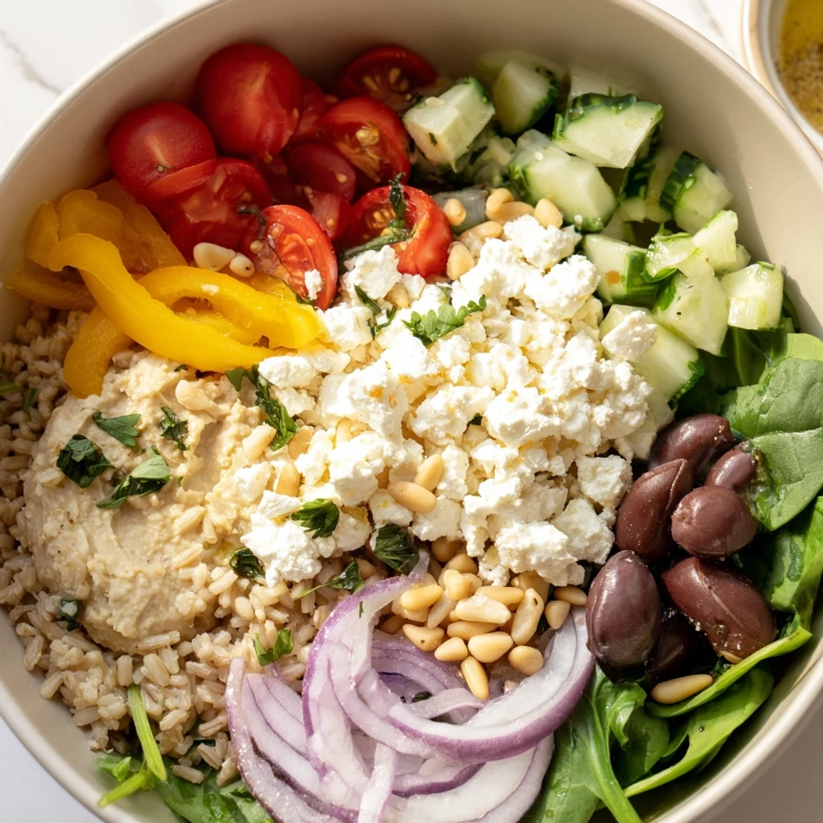 Close-up of a Mediterranean Hummus Bowl topped with feta, roasted red peppers, parsley, and pine nuts.