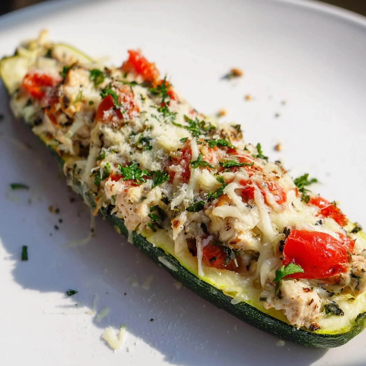 Golden-brown Chicken Zucchini Boats fresh from the oven, filled with bubbling mozzarella and tomato chicken mixture.