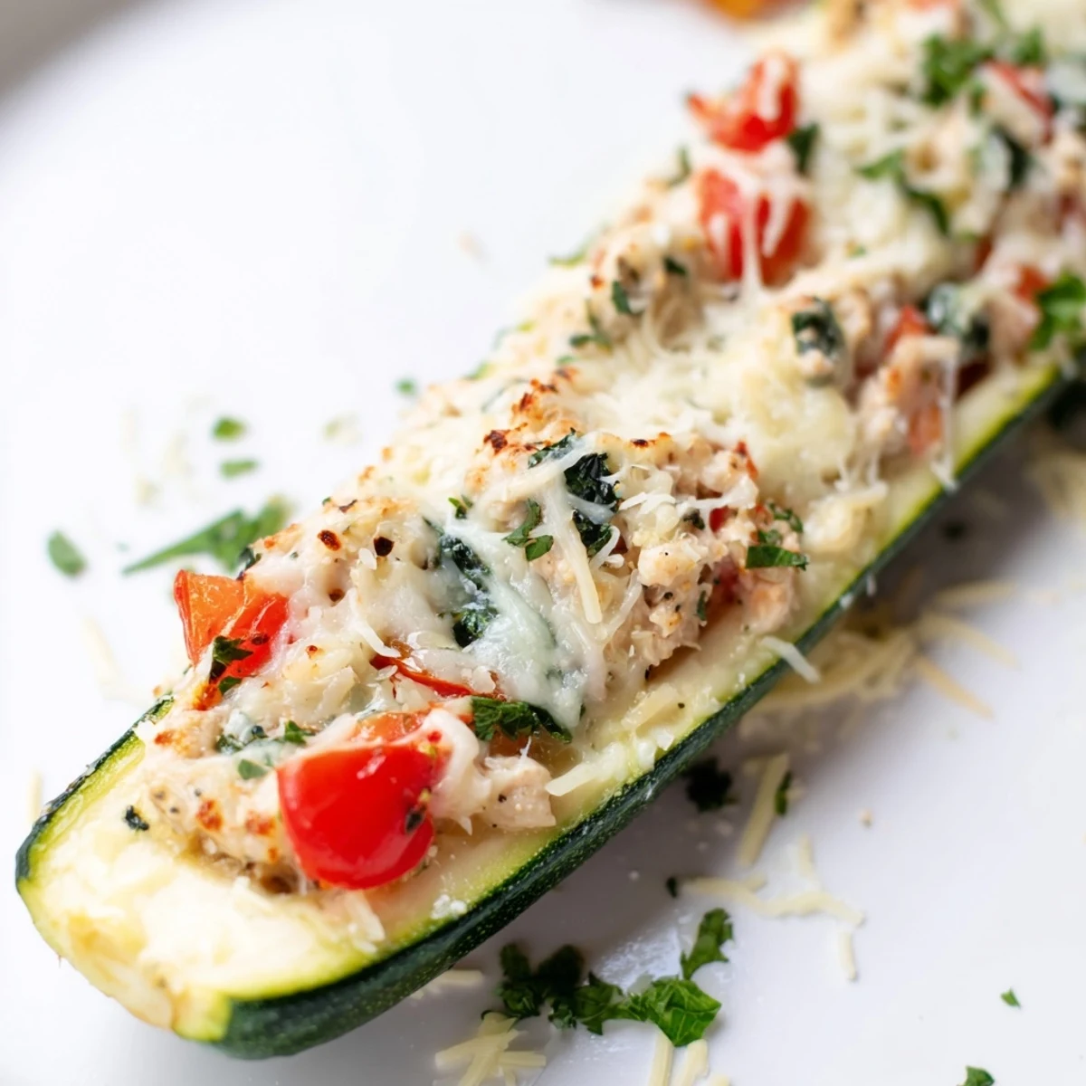 Close-up of stuffed Chicken Zucchini Boats revealing tender zucchini shells packed with savory chicken, melted cheese, and cherry tomatoes.