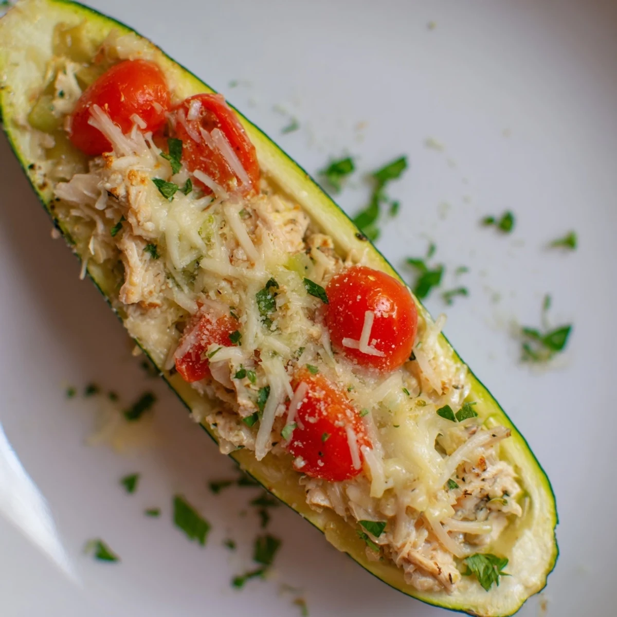 Freshly baked Chicken Zucchini Boats served hot on a plate, garnished with parsley alongside a crisp side salad.