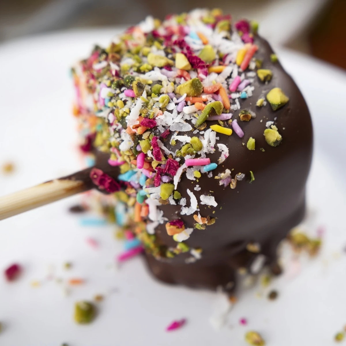 Twelve homemade Chocolate Marshmallows on Stick arranged on a baking sheet, ready to chill and serve at parties.