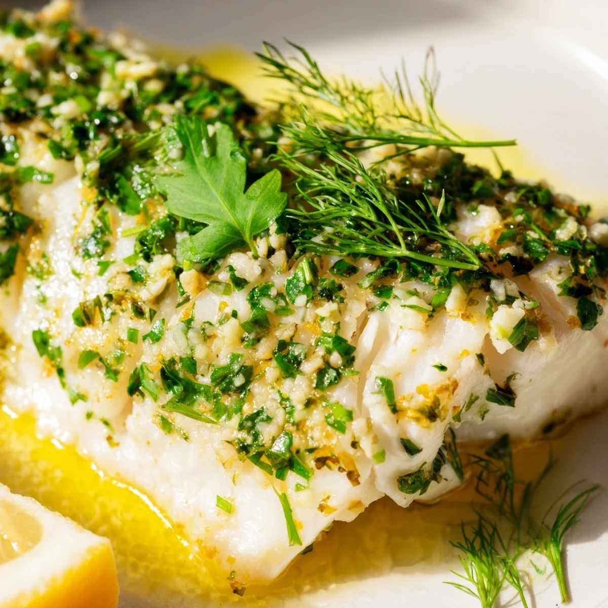 Freshly baked halibut fillets topped with vibrant herbs, lemon zest, and olive oil, served on a white ceramic platter.