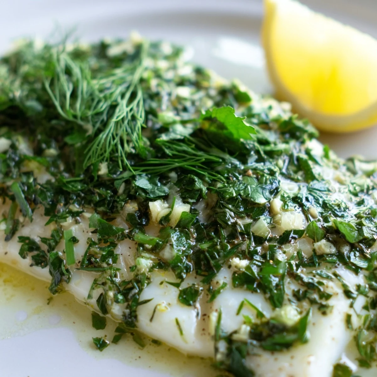 Golden Baked Halibut with Herbs resting on a bed of greens, with lemon wedges and a wooden serving spoon.