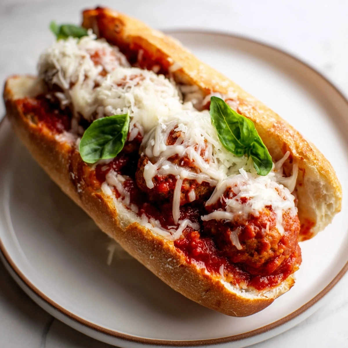 Spoonfuls of savory turkey meatball subs are layered with marinara and mozzarella on a toasted roll, creating a classic American-Italian family meal.