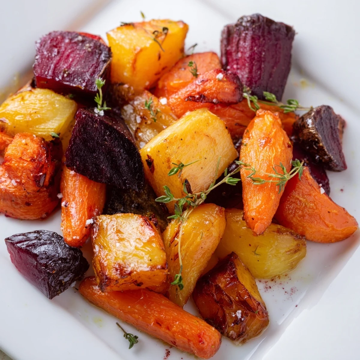 Perfectly roasted Roasted Roots with Thyme, featuring golden carrots and beets served as a warm, savory side dish.