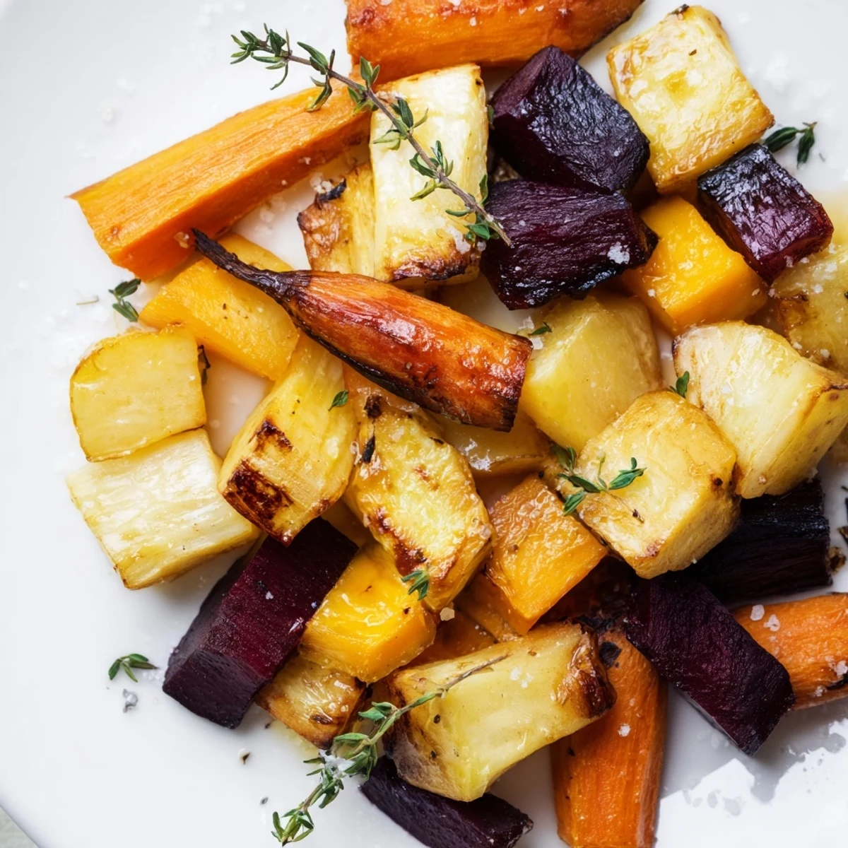 Tender Roasted Roots with Thyme and garlic medley, fresh from the oven and ready to accompany a hearty main course.