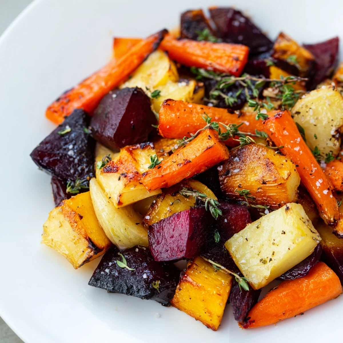 Caramelized Roasted Roots with Thyme on a baking sheet, highlighting natural sweetness and fresh thyme garnish for a vegan side.