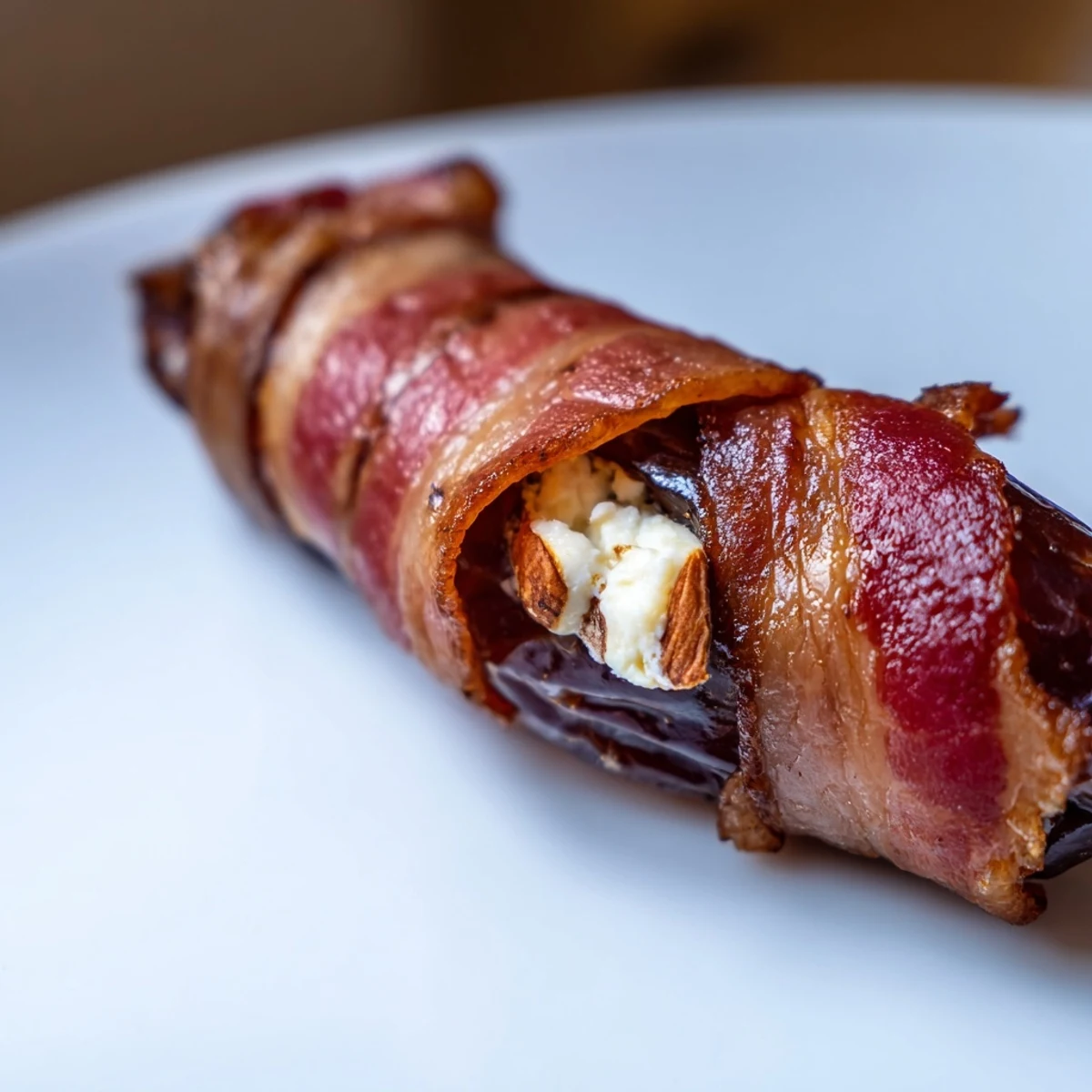 Golden Air Fryer Crispy Beef Bacon Wrapped Dates with melted cream cheese oozing from the Medjool dates.