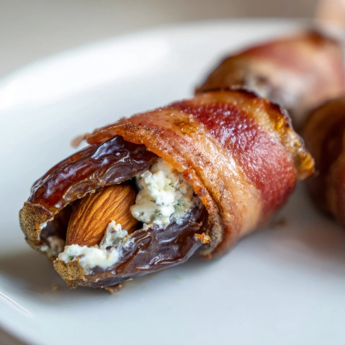 Close up of Air Fryer Crispy Beef Bacon Wrapped Dates featuring crispy beef bacon and a golden brown finish.