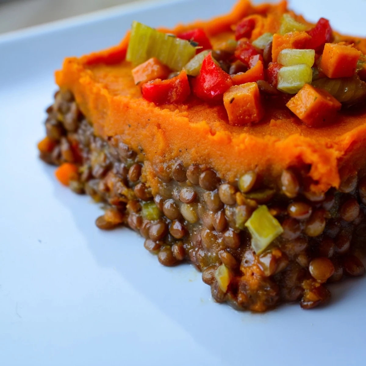 A slice of Vegan Lentil and Sweet Potato Shepherds Pie reveals a hearty lentil filling beside steamed green beans.