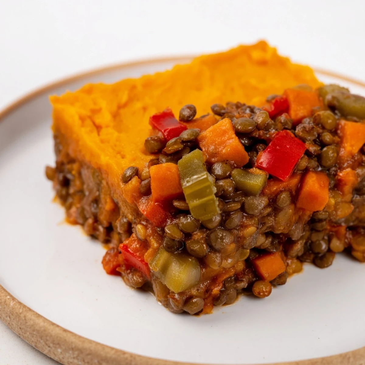 Golden Vegan Lentil and Sweet Potato Shepherds Pie with a rustic, herb-flecked mashed topping ready to serve.