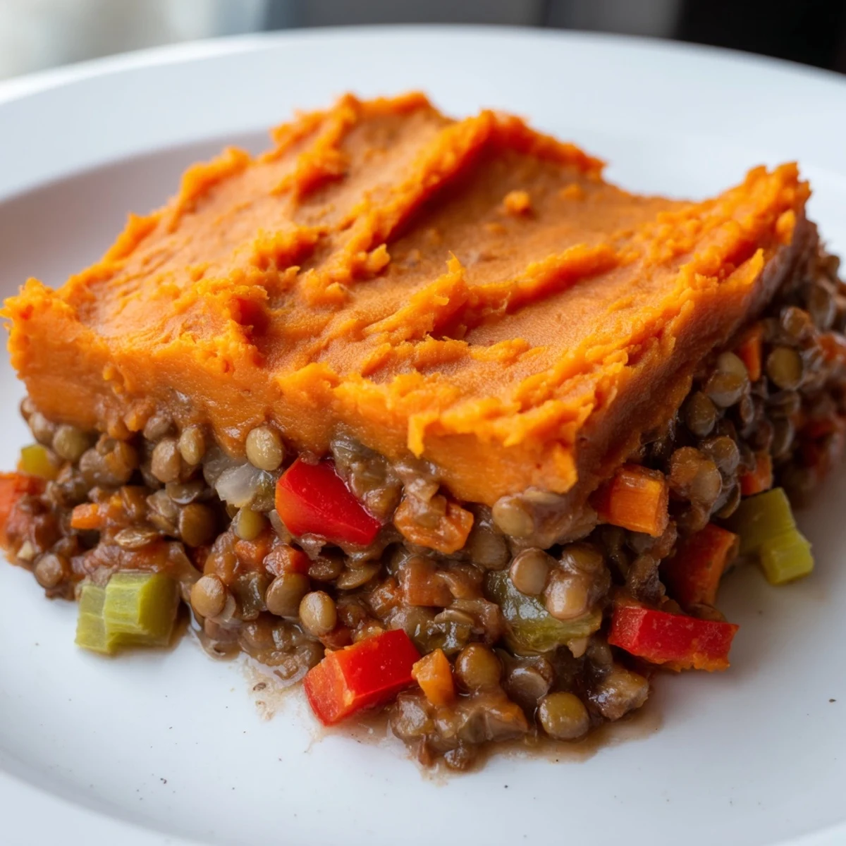 Vegan Lentil and Sweet Potato Shepherds Pie bake with bubbling, golden sweet potato mash and a side salad.