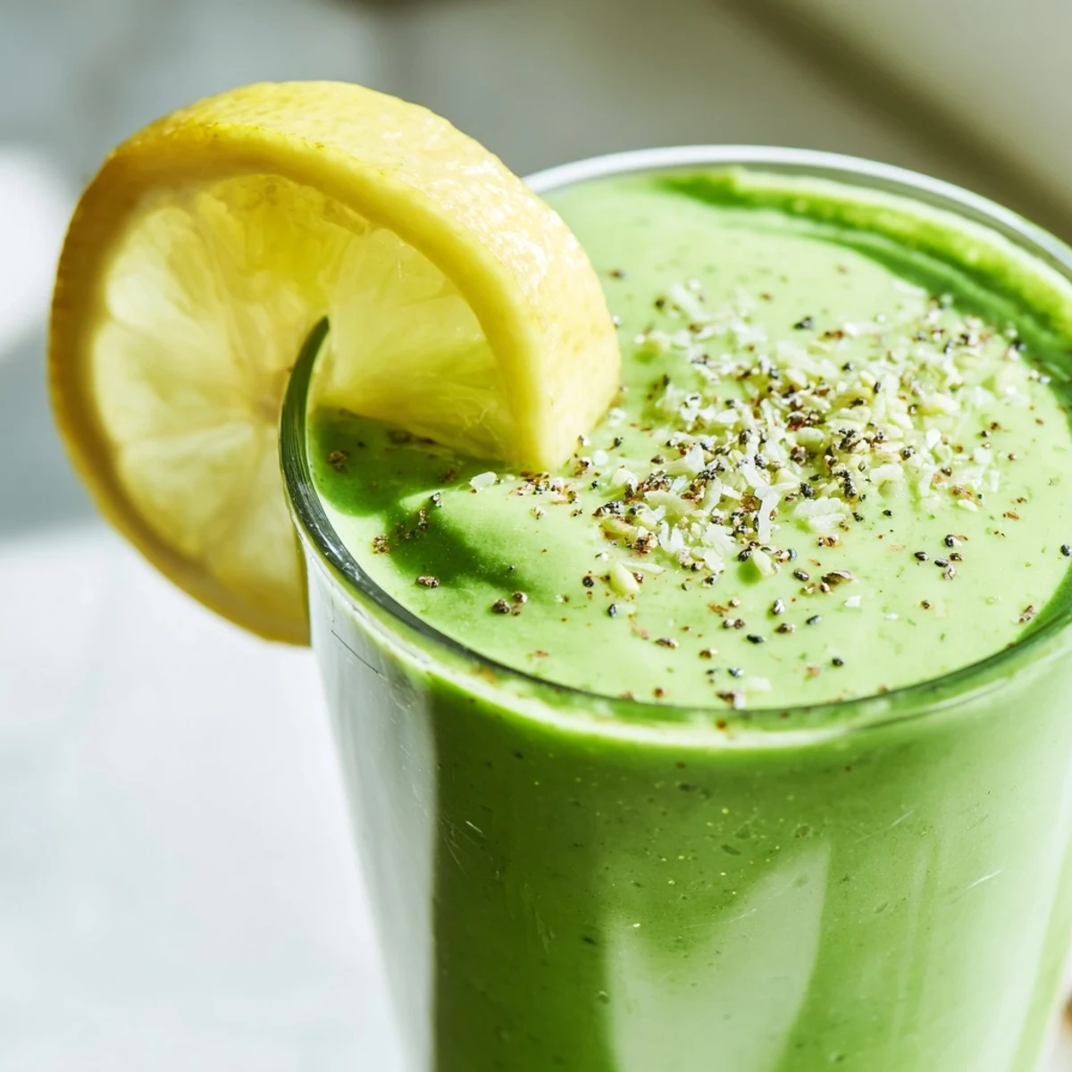 Two glasses of Detox Green Smoothie with Spinach and Ginger, garnished with lemon slices and chia seeds. 