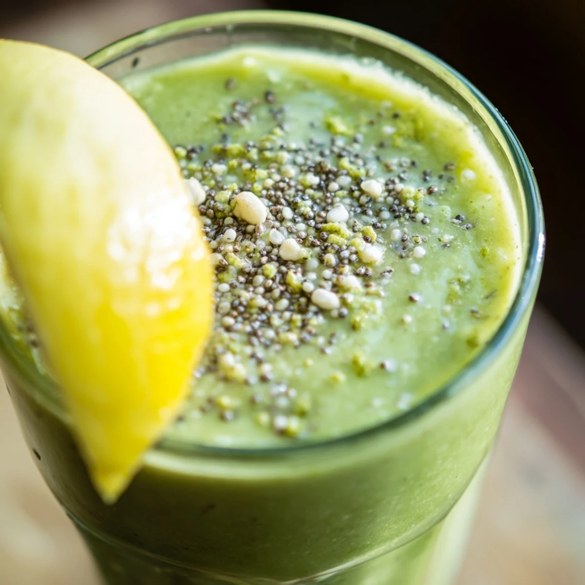 Blender making Detox Green Smoothie with Spinach and Ginger using fresh fruit and coconut water.