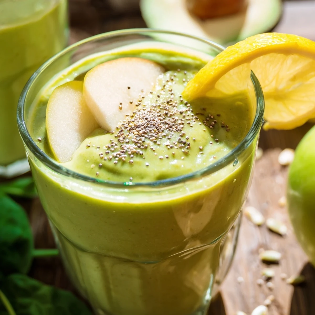 Detox Green Smoothie with Spinach and Ginger poured into a glass, highlighting creamy texture and vibrant green color. 