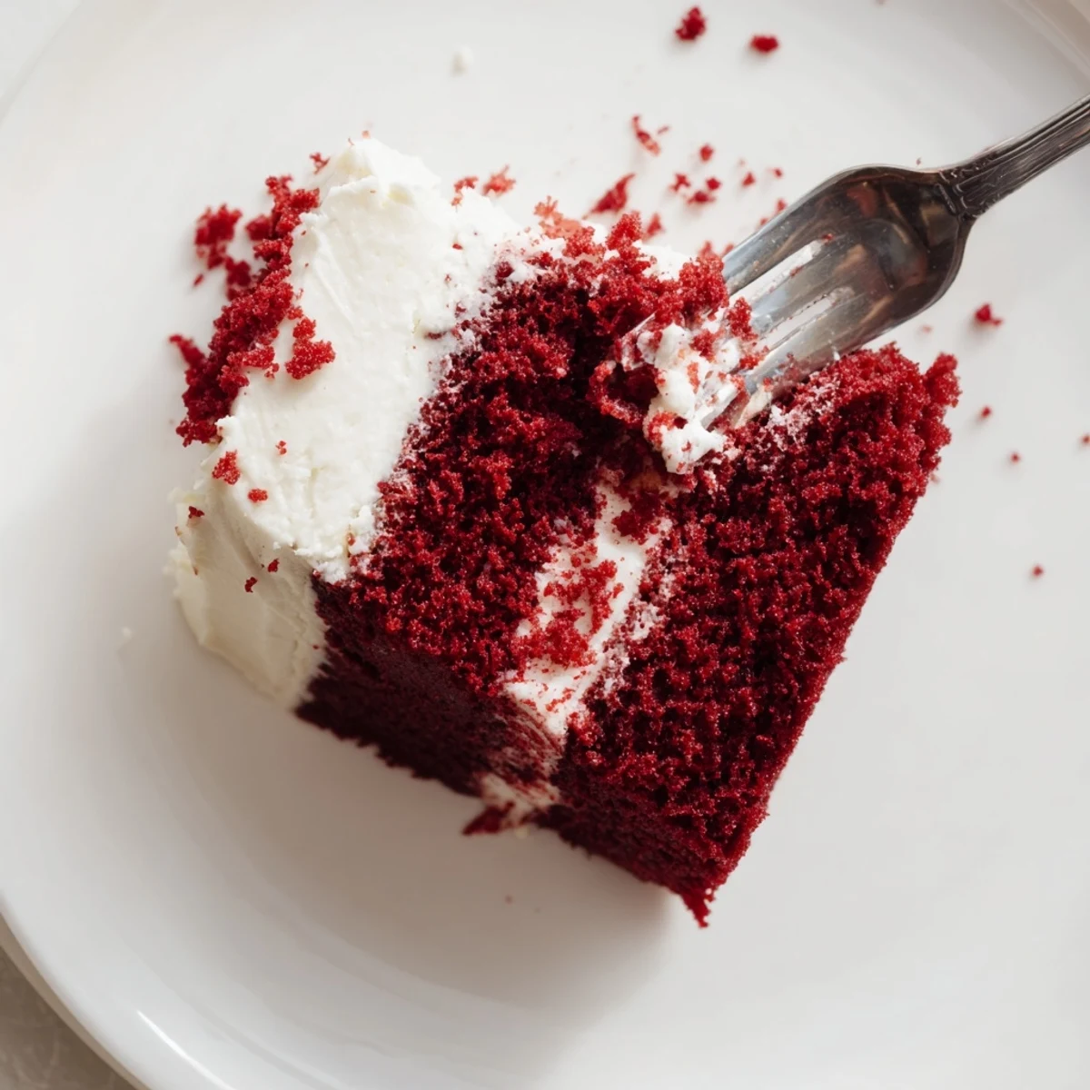Freshly baked Red Velvet Cake with Cream Cheese Frosting, showcasing vibrant red layers and fluffy white frosting on a rustic platter.