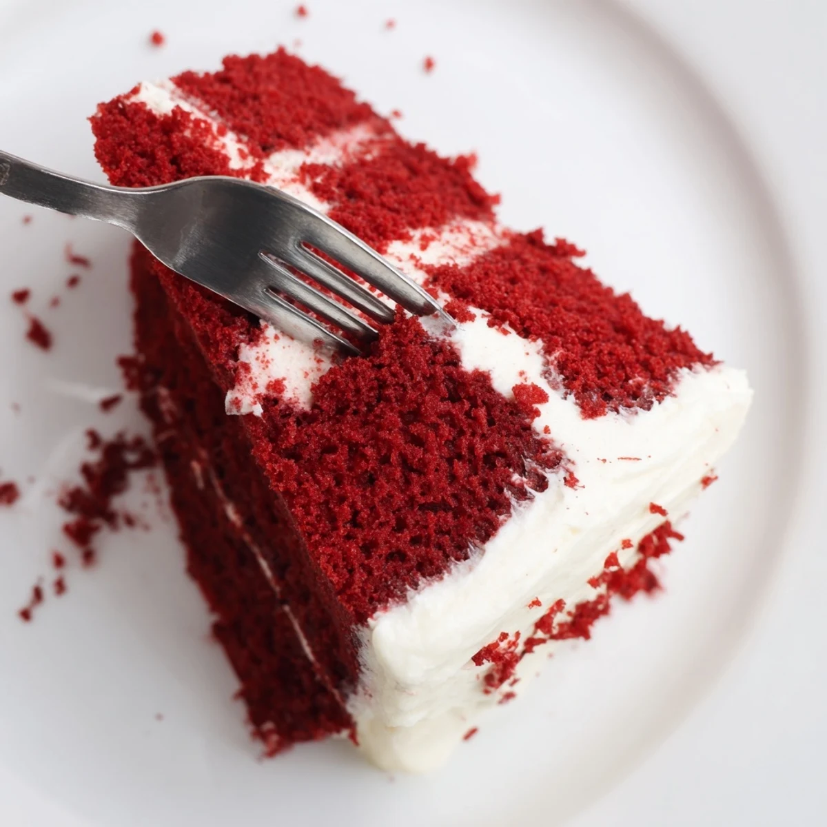 A close-up of a moist Red Velvet Cake slice, revealing its rich red crumb and a generous swirl of tangy cream cheese frosting.