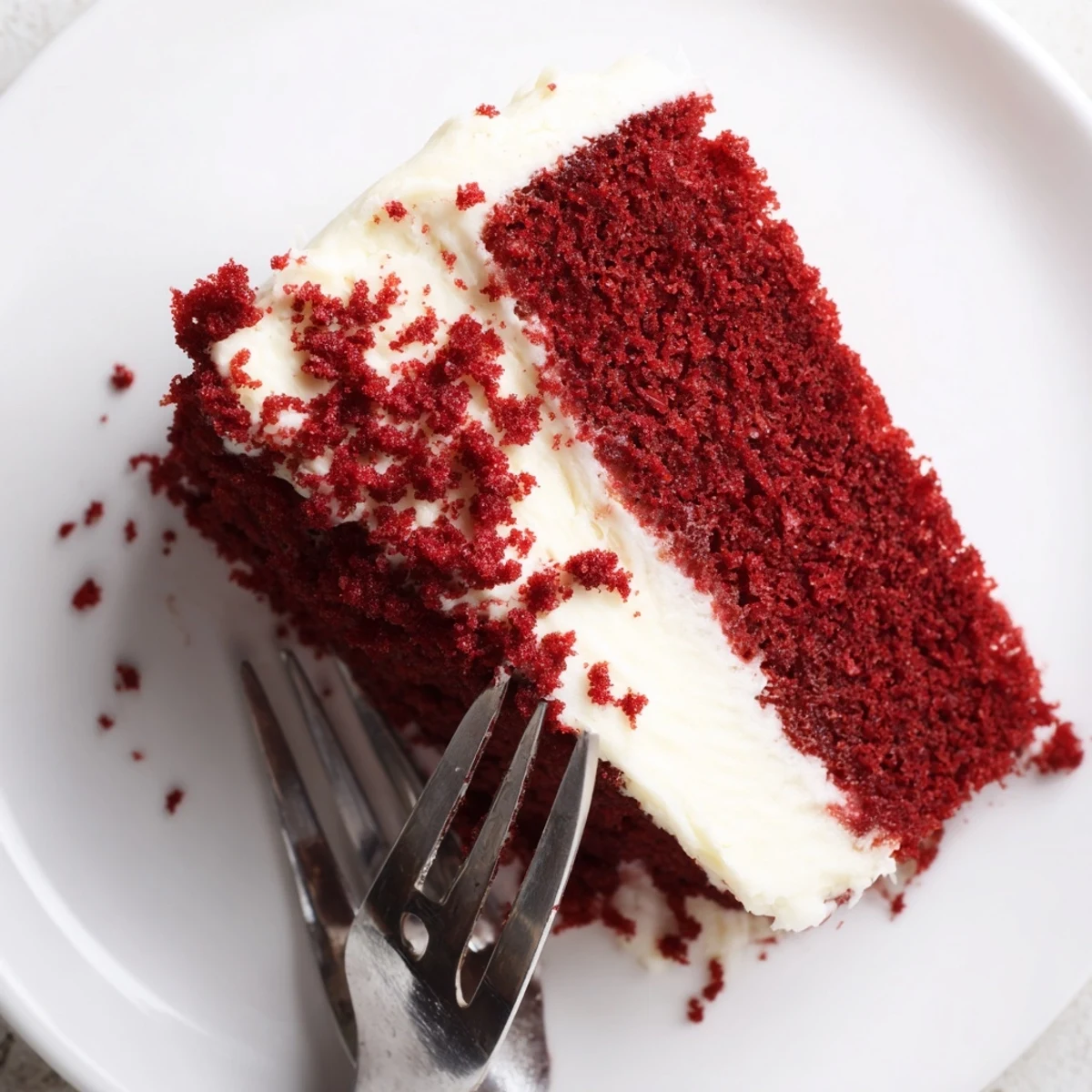 Layered Red Velvet Cake with Cream Cheese Frosting decorated with crumbs, served on a dessert plate with a glass of milk.