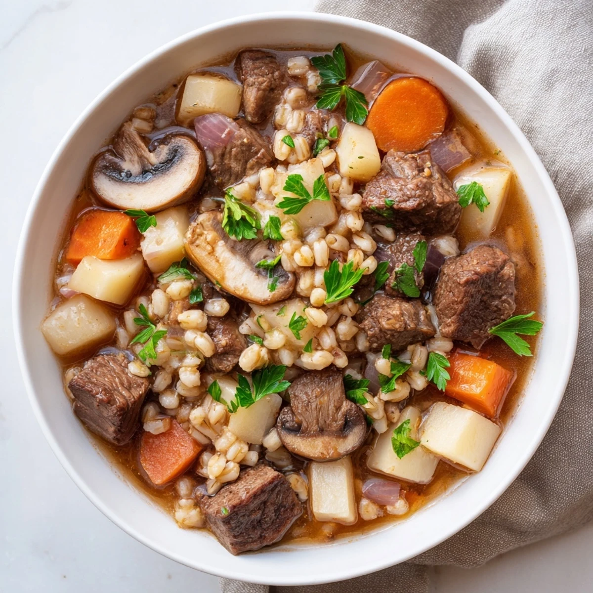 Steaming bowl of Hearty Beef and Barley Stew with Parsnips, served with crusty bread.