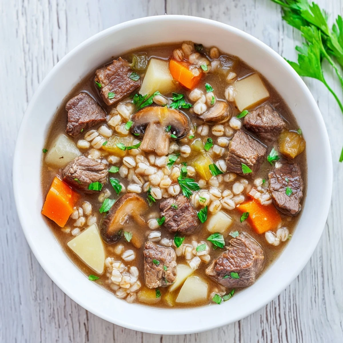 Freshly garnished Hearty Beef and Barley Stew with Parsnips steaming in a rustic bowl.