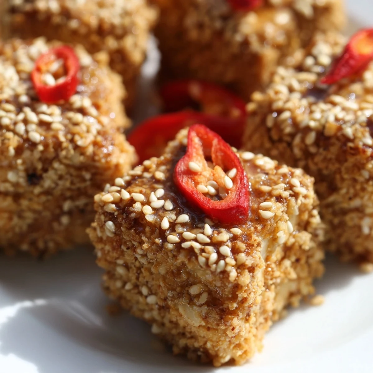 Crispy baked tofu cubes glisten under a luscious sesame peanut sauce, served with rice.