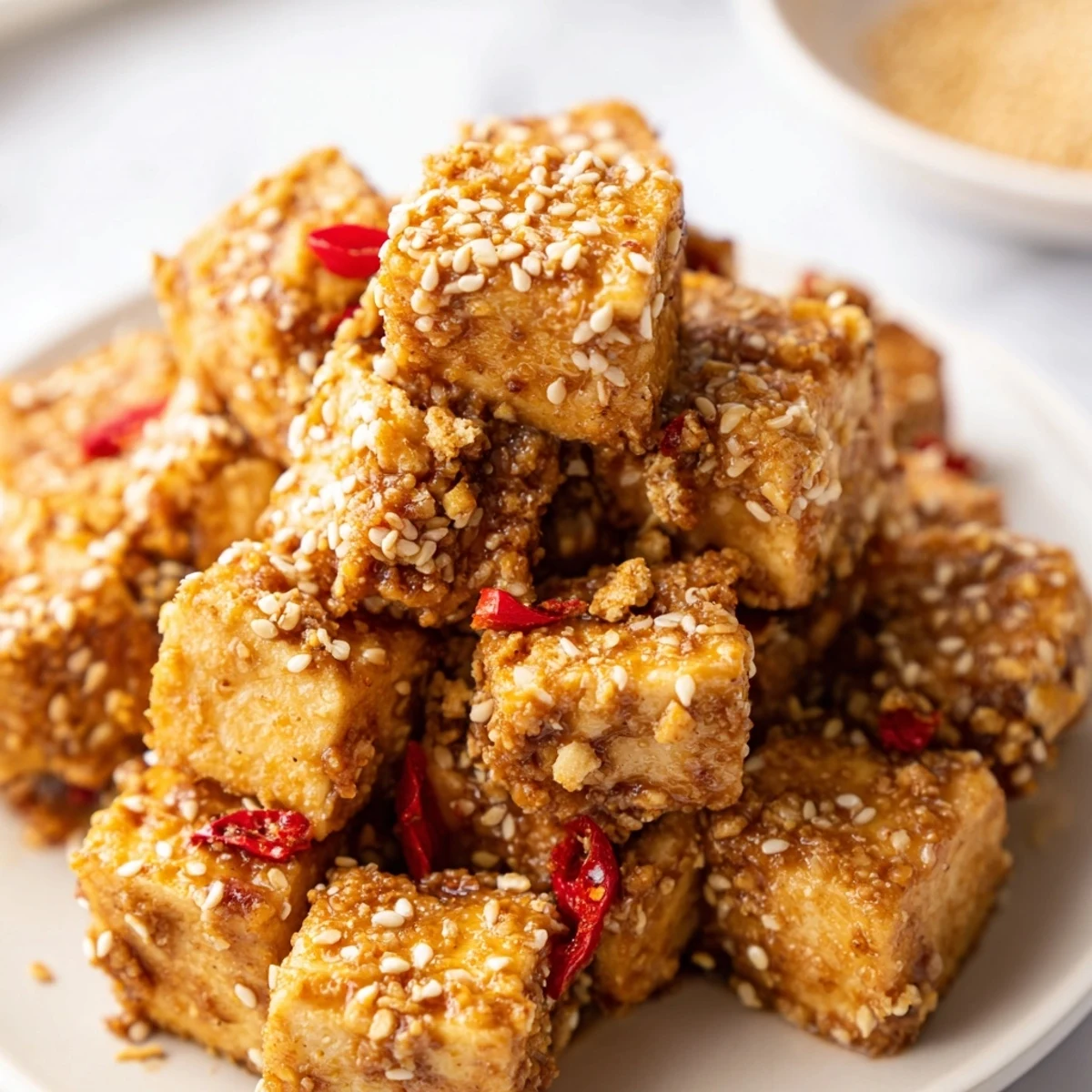 Fresh green onions and sesame seeds garnish the Crispy Baked Tofu, ready to serve.