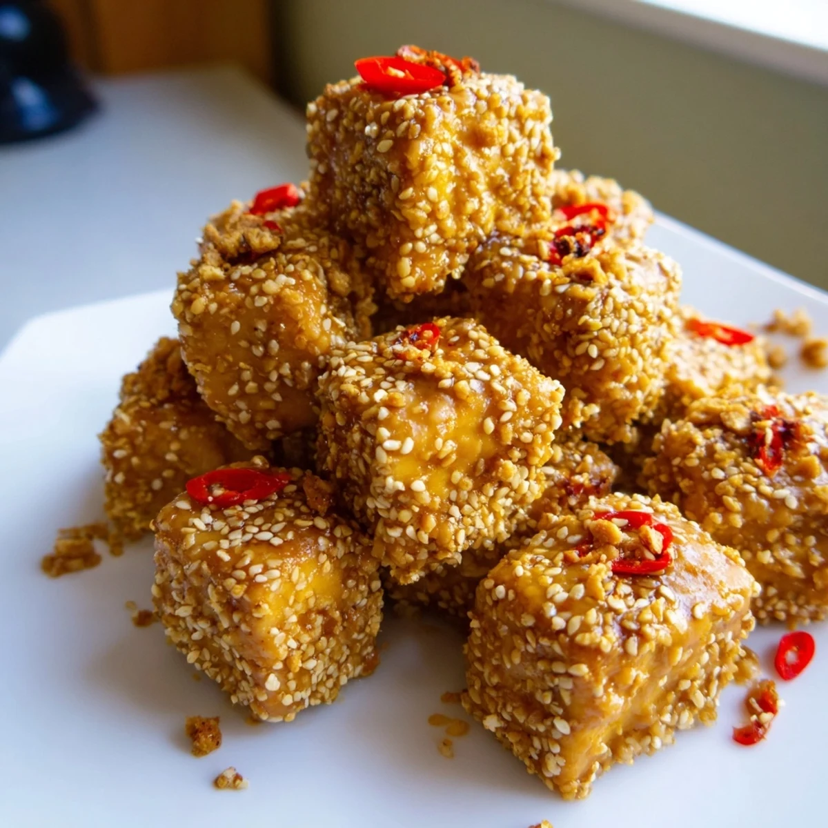 A close-up of golden Crispy Baked Tofu tossed in a nutty peanut sauce.