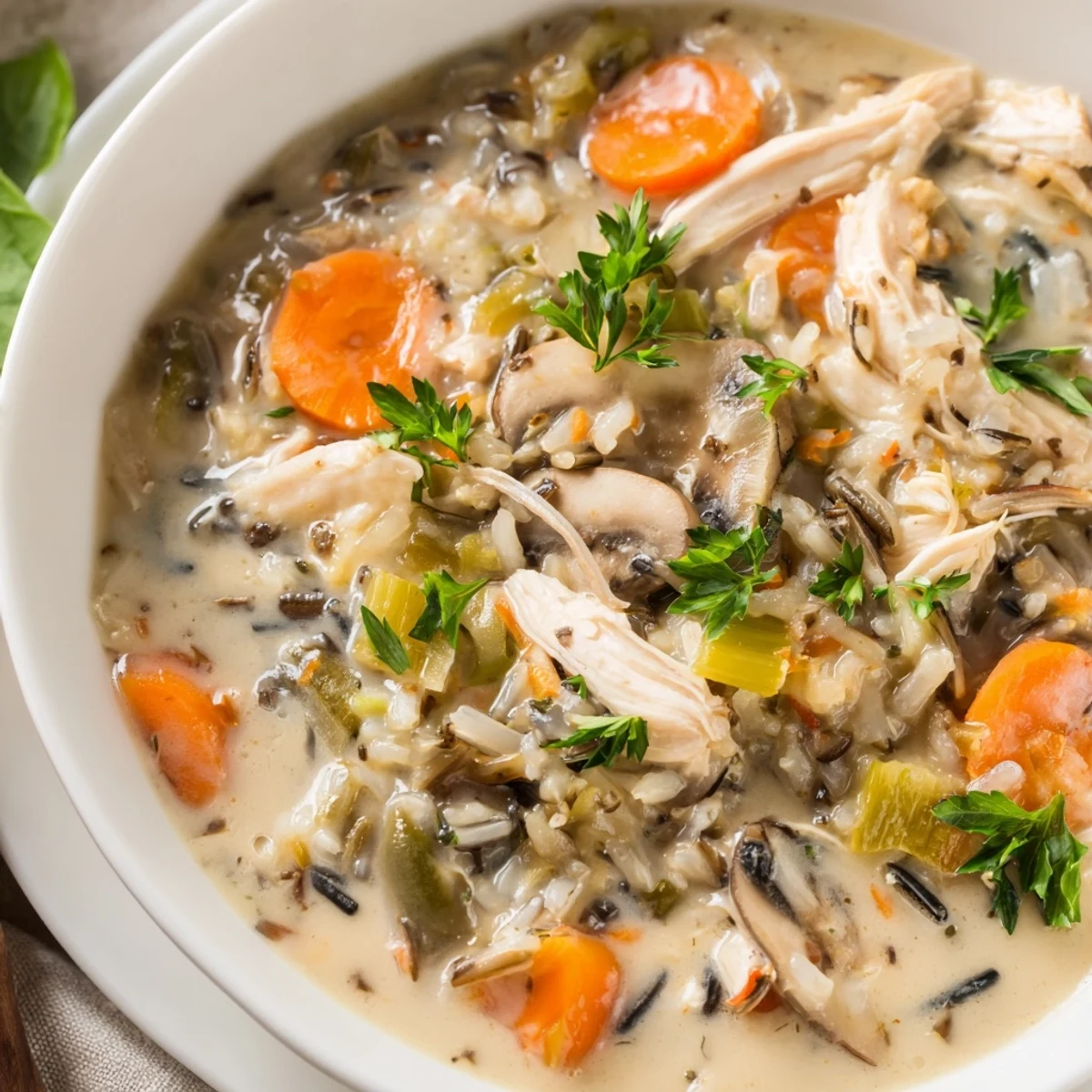 Instant Pot Chicken and Wild Rice Soup steaming in a rustic bowl with tender chicken, wild rice, and fresh parsley garnish.