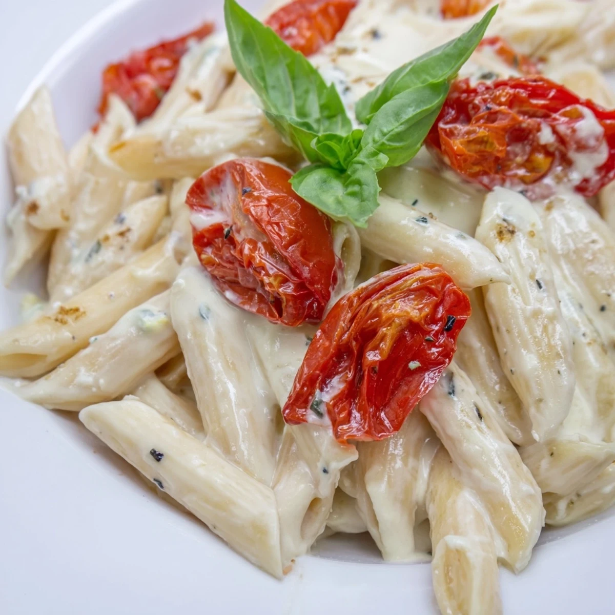 Golden roasted cherry tomatoes and creamy feta cheese sit next to garlic cloves in a baking dish for this Baked Feta Pasta.