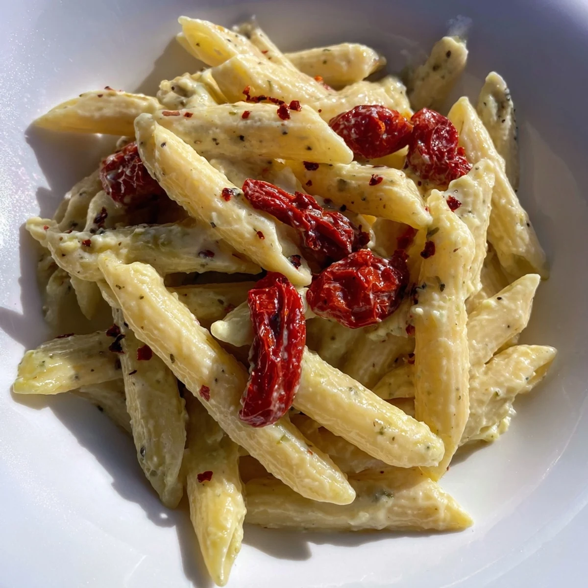 A baking dish straight from the oven holds bubbling hot Baked Feta Pasta, with penne noodles tossed in a rich tomato sauce.