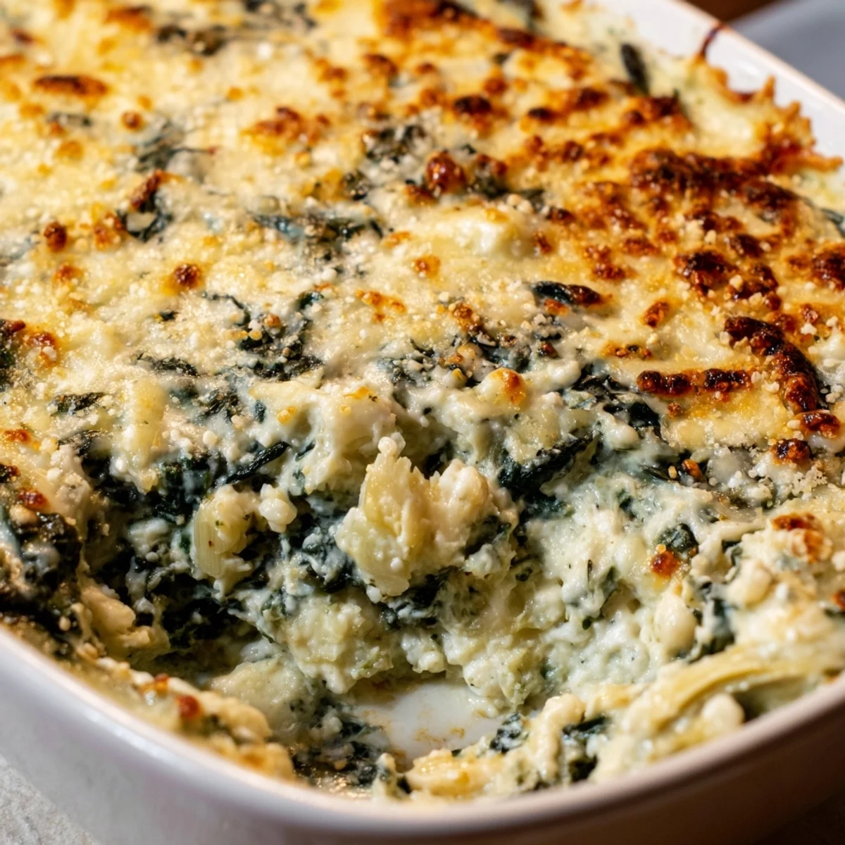 Freshly baked Cheesy Spinach Artichoke Dip bubbling in a dish, golden-brown cheese crust, served with crispy tortilla chips for dipping.