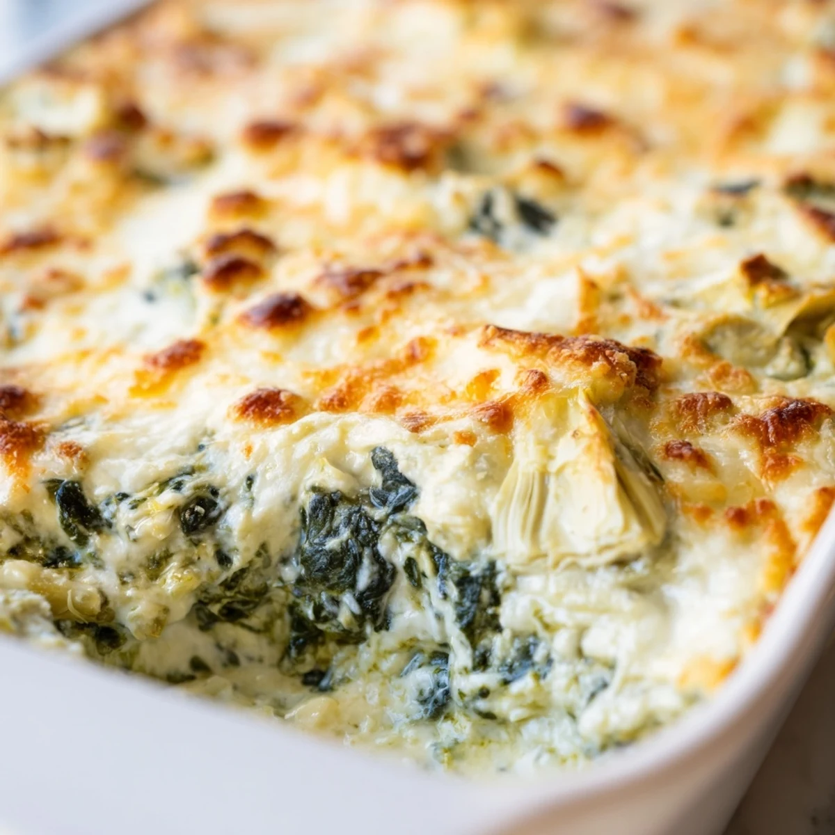 Hot, creamy Cheesy Spinach Artichoke Dip with melted cheese and spinach, ready to be scooped up with tortilla chips.