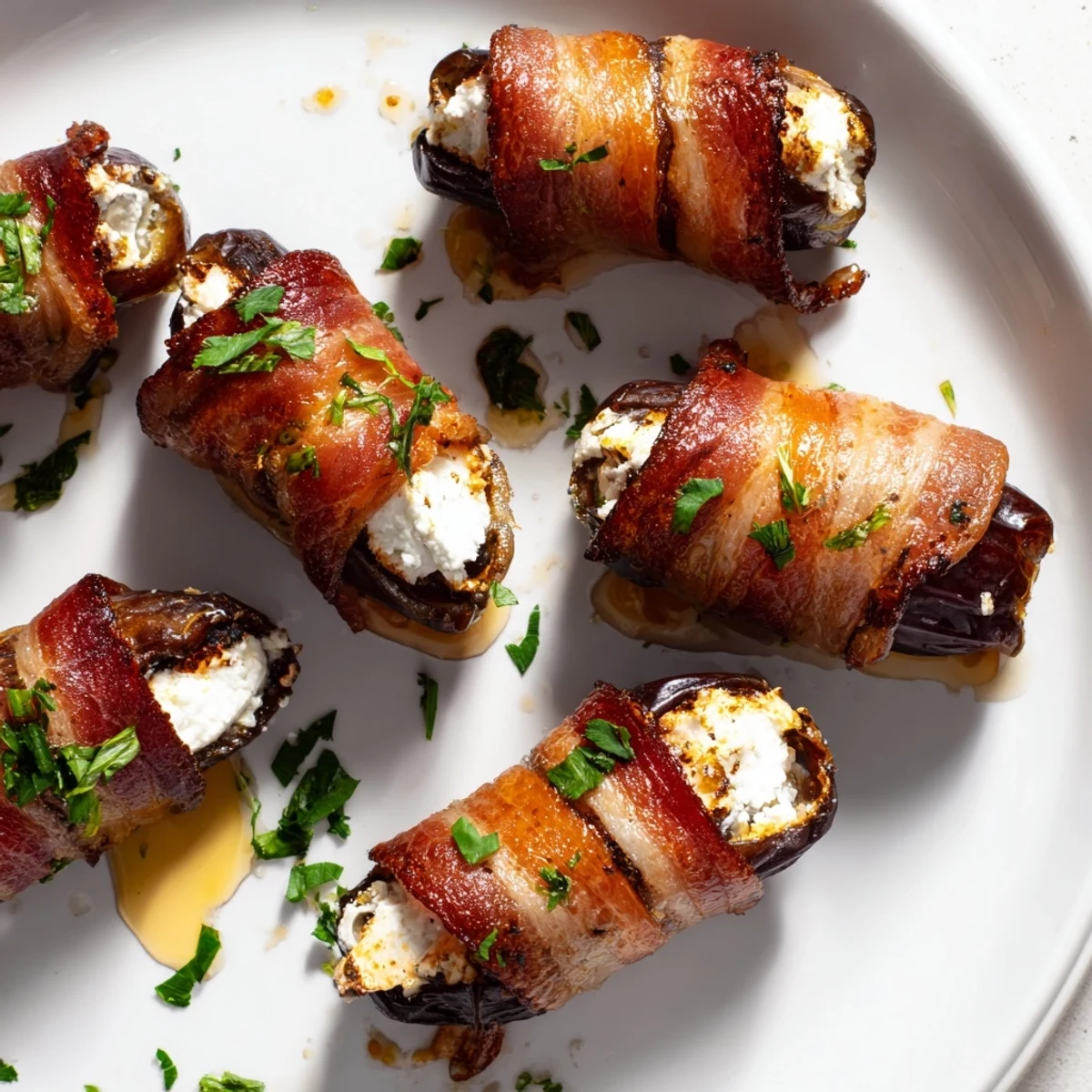 Golden-brown Air Fryer Crispy Beef Bacon Wrapped Dates served warm as a bite-sized appetizer for entertaining.