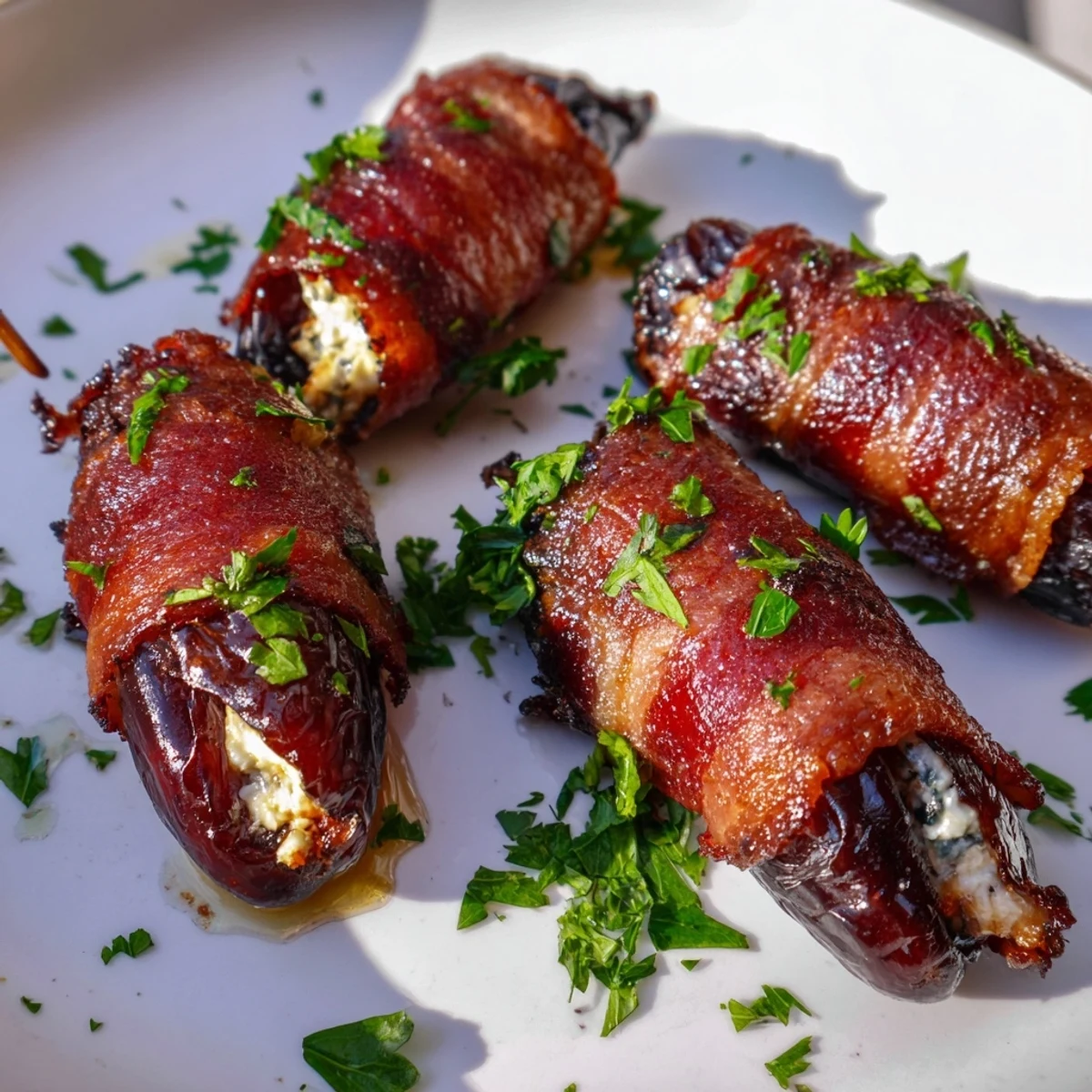 Air Fryer Crispy Beef Bacon Wrapped Dates stuffed with creamy goat cheese and drizzled with honey on a white plate.