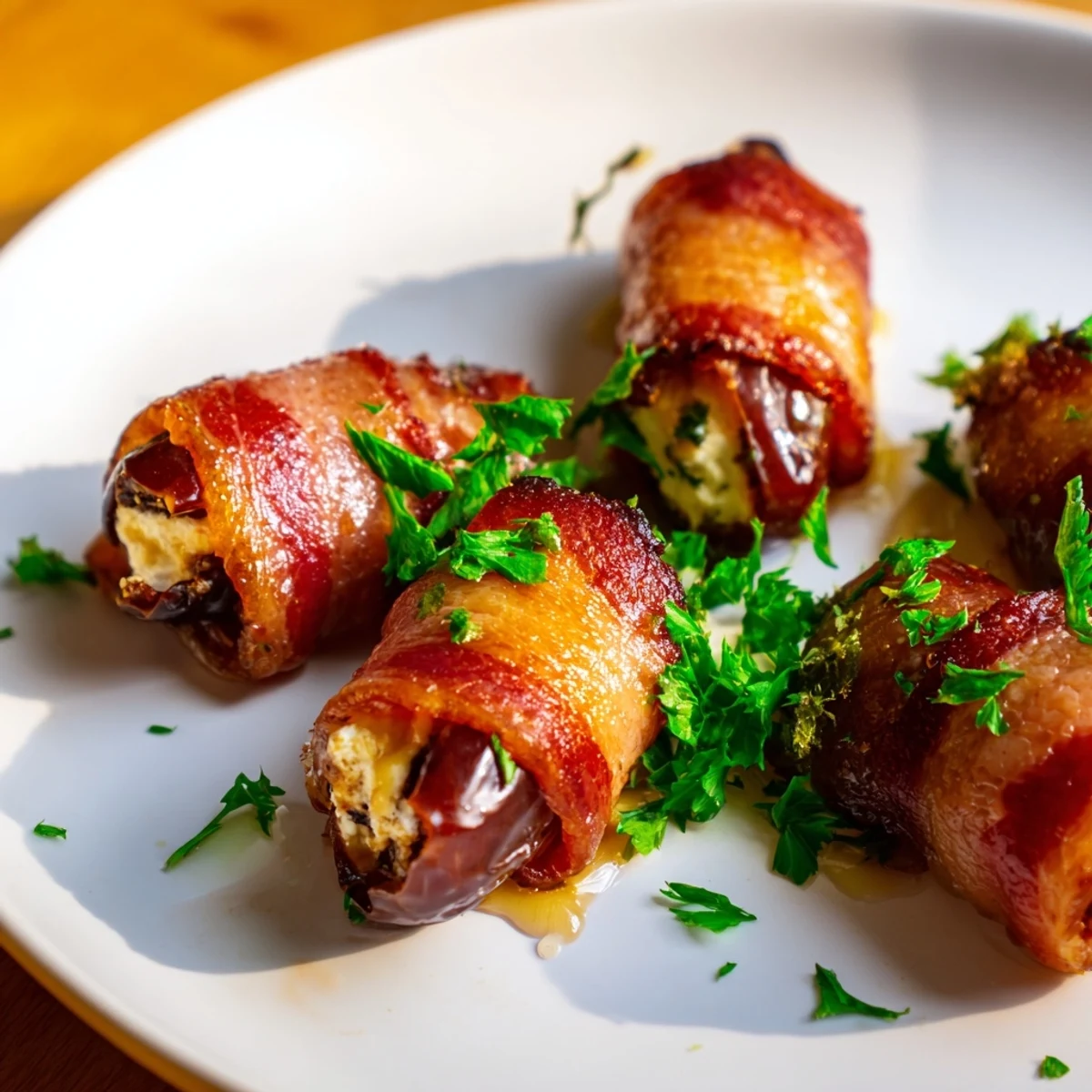 Freshly cooked Air Fryer Crispy Beef Bacon Wrapped Dates with a crispy beef bacon exterior and sweet Medjool date interior.