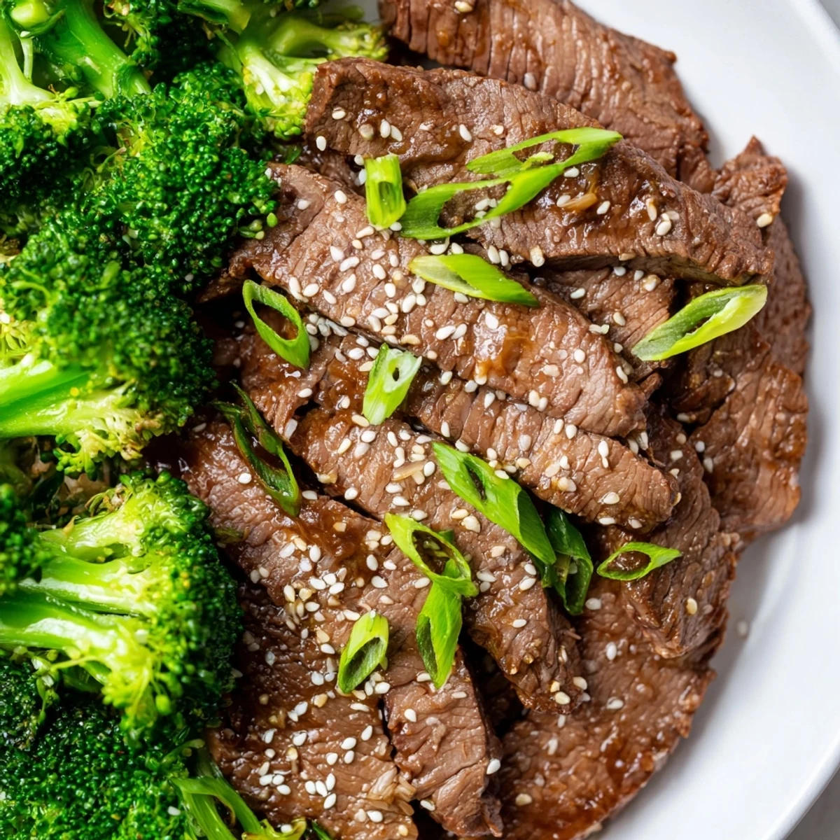 A steaming plate of Keto Friendly Beef and Broccoli Stir Fry with Ginger, garnished with sesame seeds and fresh green onions, served as a healthy low-carb dinner. 