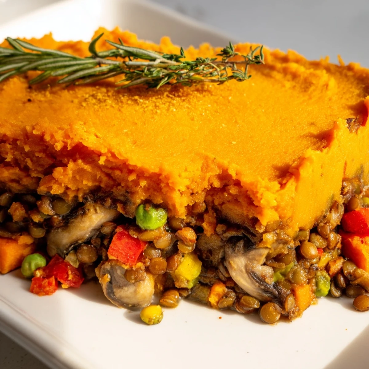 Golden-brown sweet potato mash topping a savory lentil and vegetable filling, served in a white casserole dish.