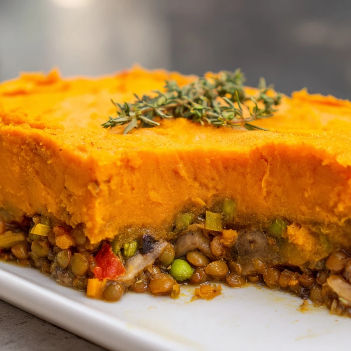 Freshly baked Vegan Lentil and Sweet Potato Shepherds Pie with a rustic wooden spoon resting beside it.