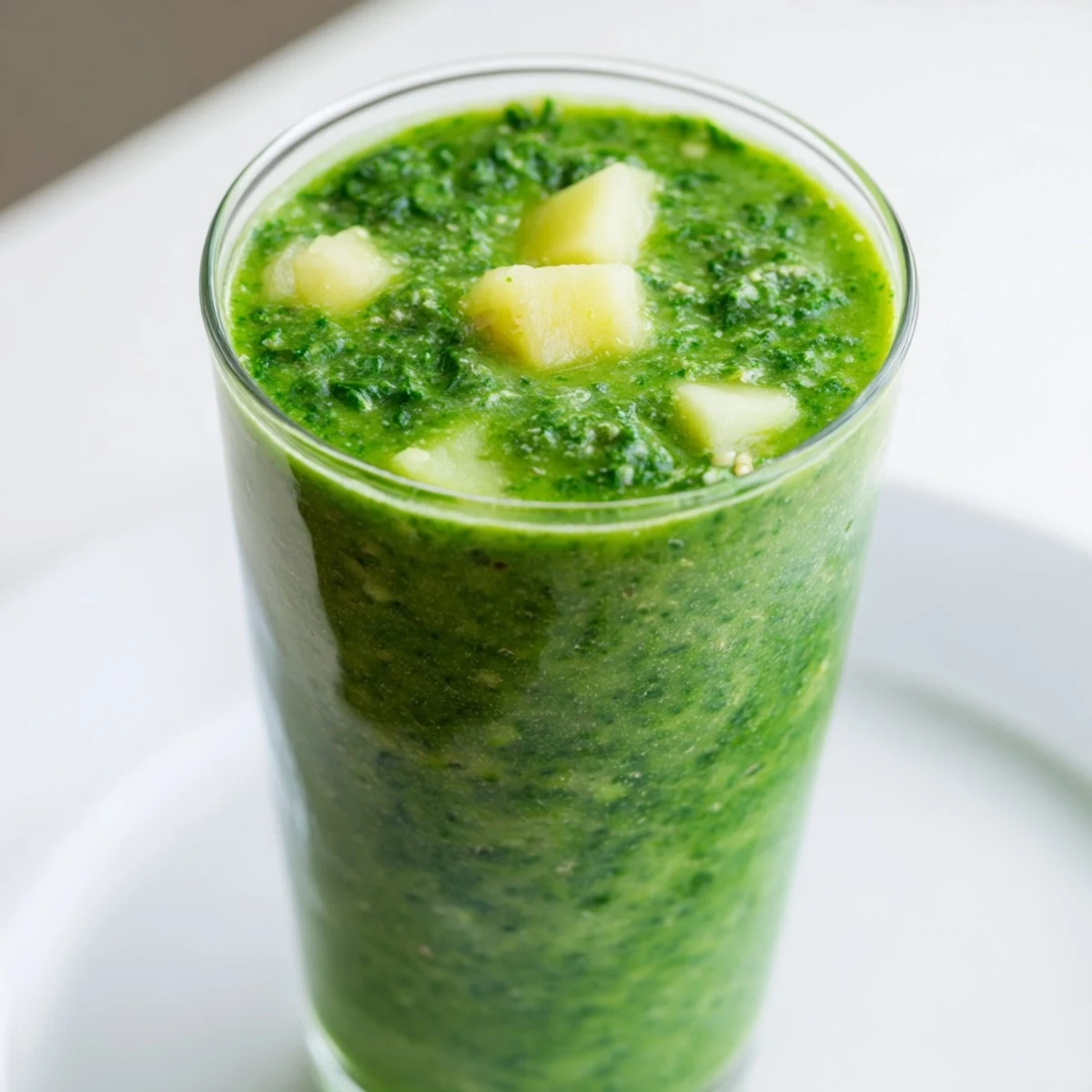 A vibrant green Detox Green Smoothie topped with chia seeds, served beside fresh apple slices.