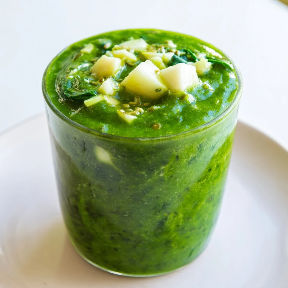 A glass of Detox Green Smoothie with spinach, ginger, and apple, garnished with a lemon slice.