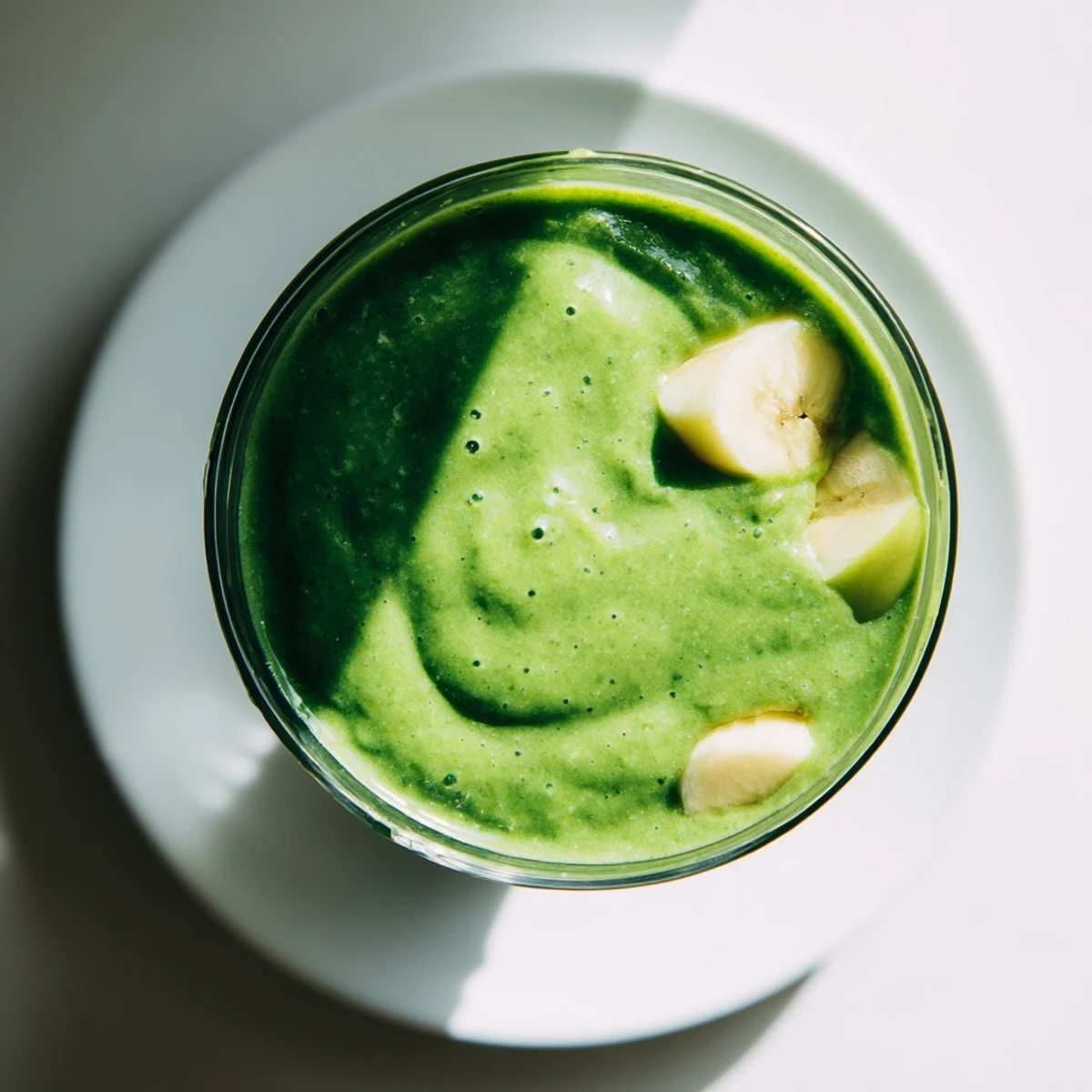 A frothy Detox Green Smoothie with ice cubes and ginger, poured into a clear glass jar.