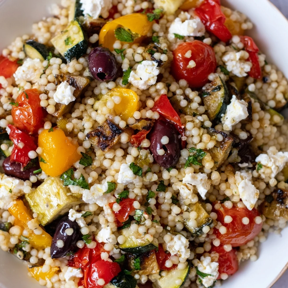 Forkful of colorful Mediterranean couscous salad with roasted zucchini, bell peppers, Kalamata olives, and a zesty lemon dressing.