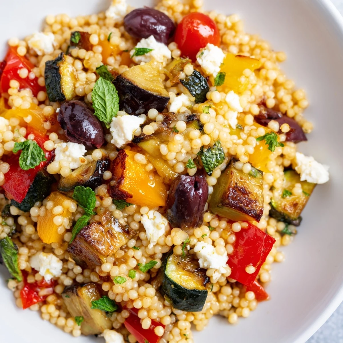 Close-up of vibrant Mediterranean couscous salad topped with cherry tomatoes and feta, served on a white plate for a light meal.