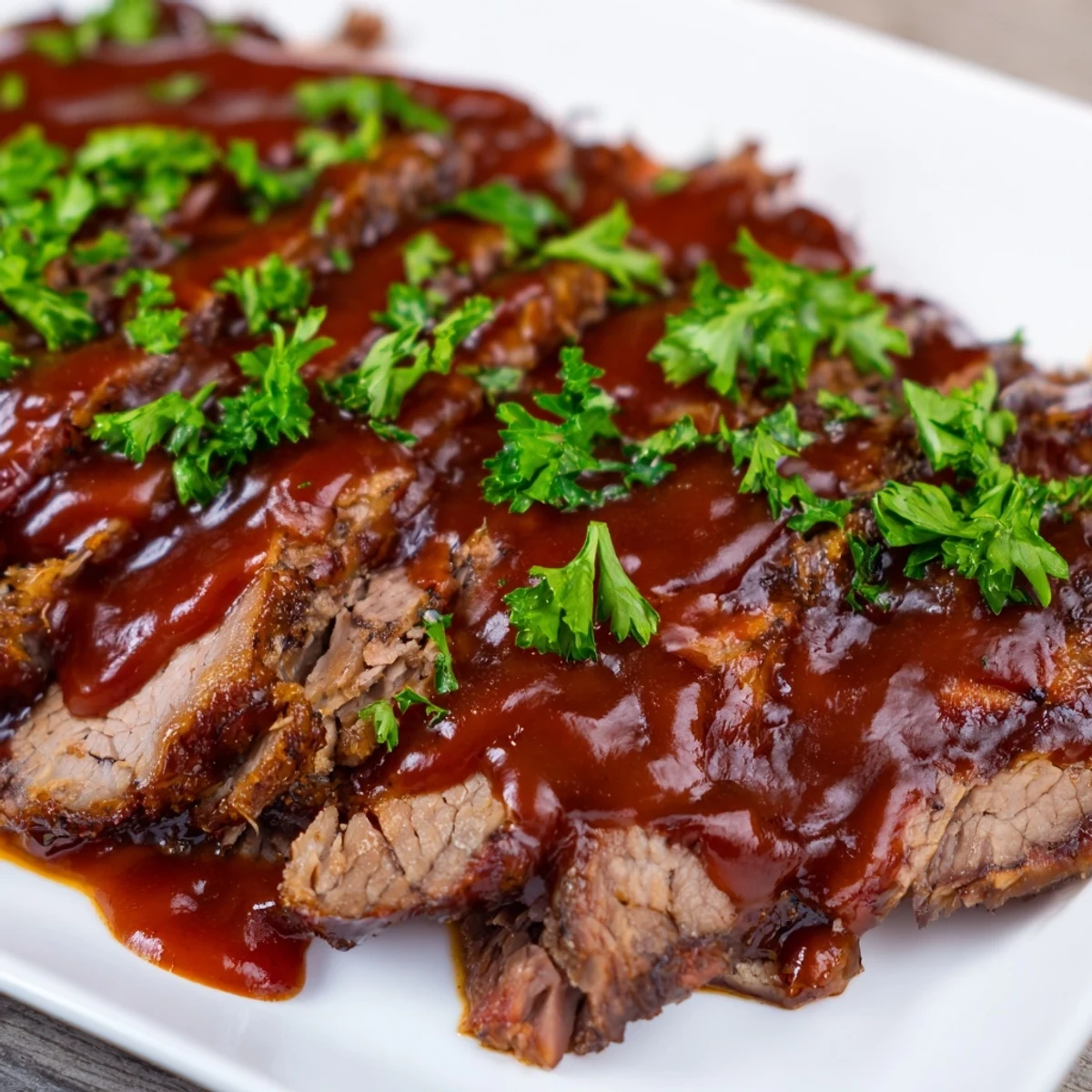 Shredded Slow Cooker Beef Brisket with Smoky BBQ Sauce, drizzled with extra sauce and topped with fresh parsley garnish.