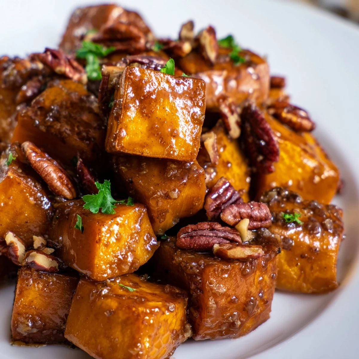 Golden-brown roasted sweet potatoes with cinnamon and brown sugar glaze on a rustic platter.