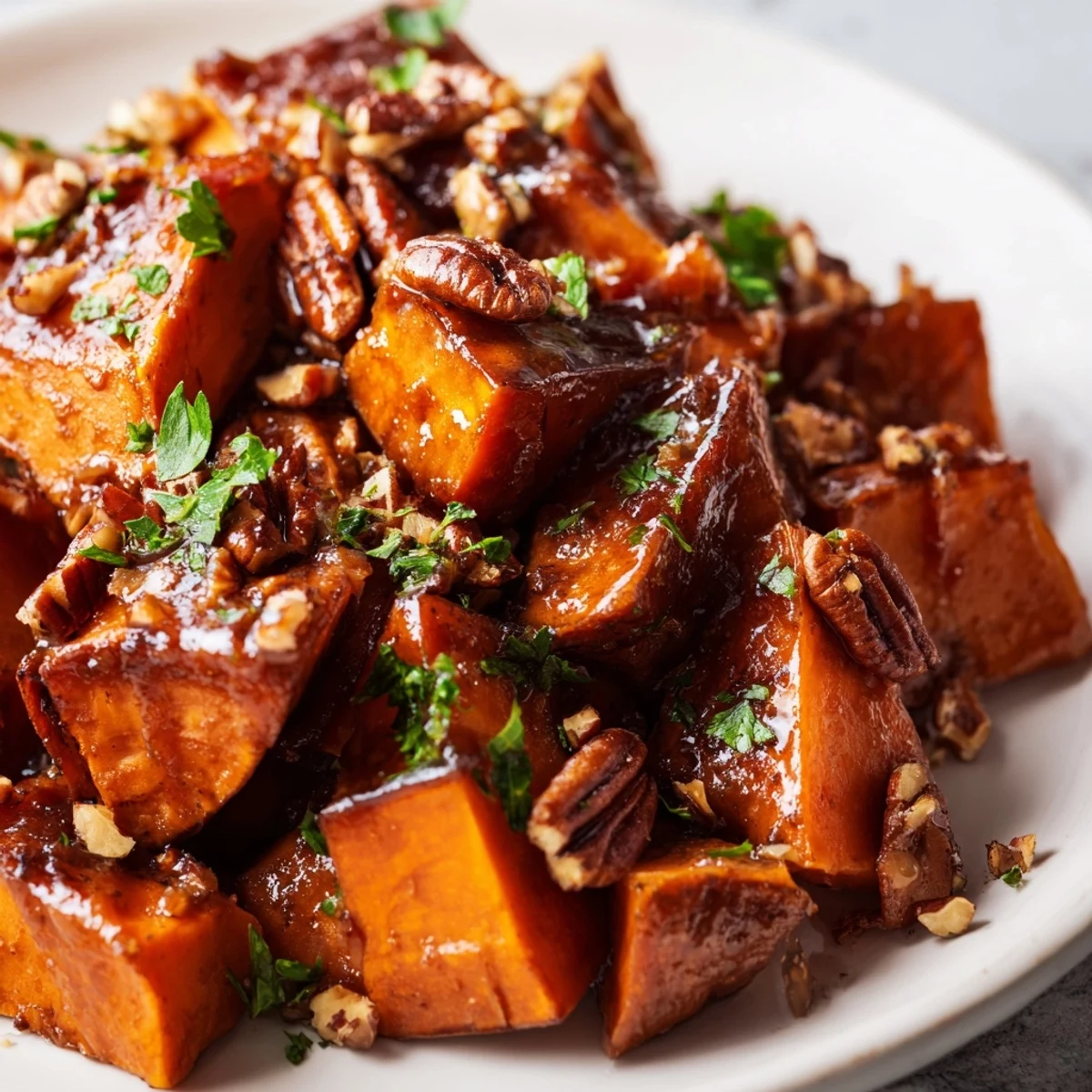 Close-up of tender roasted sweet potatoes with cinnamon and brown sugar, finished with chopped pecans.