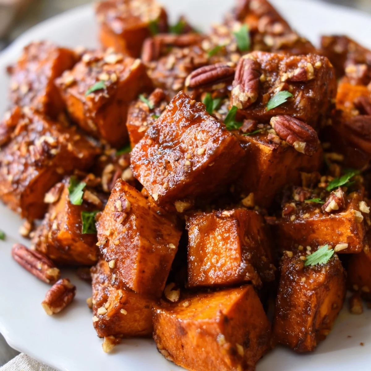 A warm, caramelized side dish of roasted sweet potatoes with cinnamon and brown sugar garnished with parsley.