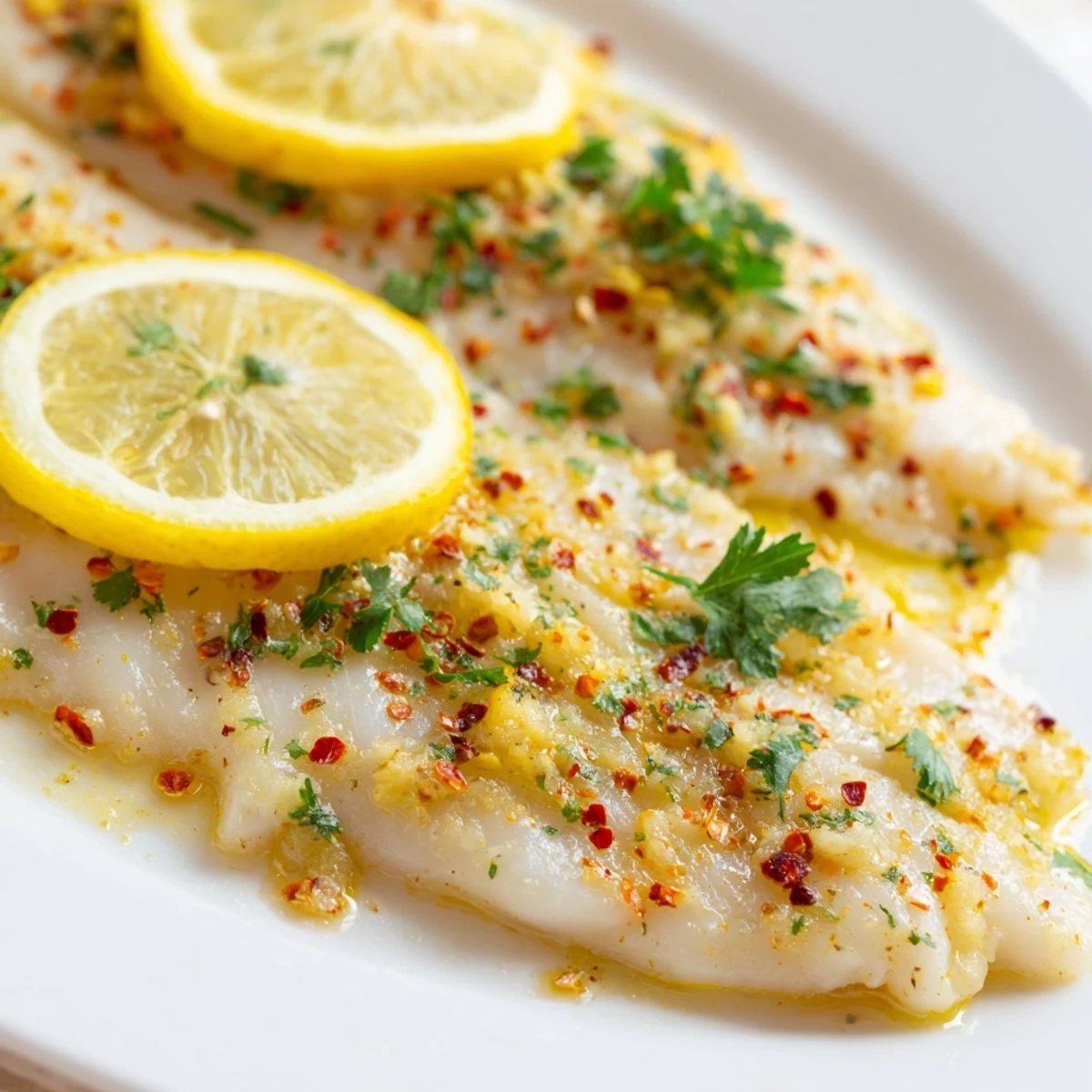 Flaky, tender Baked Tilapia with Lemon Butter and Garlic served with steamed green beans.