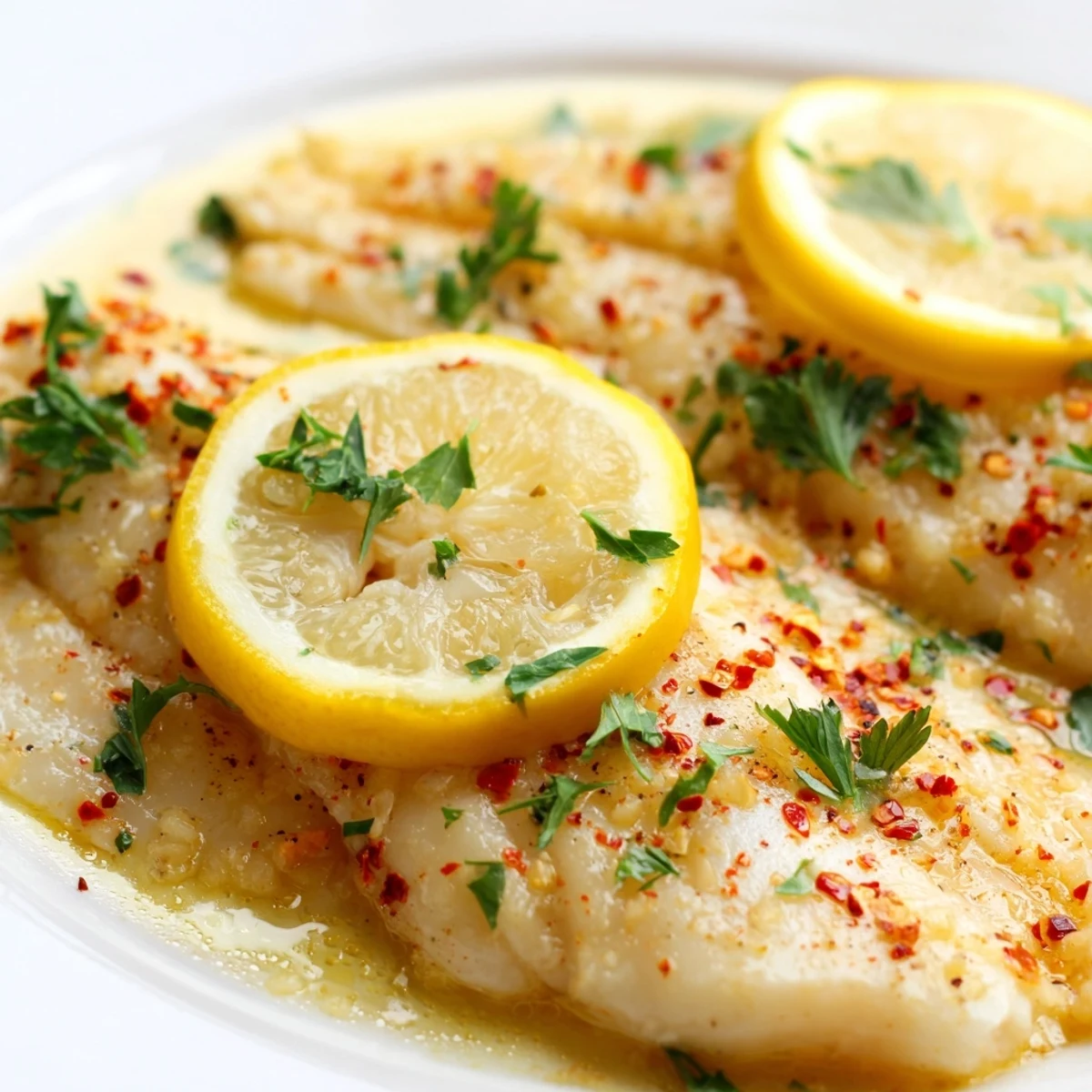 Golden Baked Tilapia with Lemon Butter and Garlic fillets glistening with fresh parsley garnish.