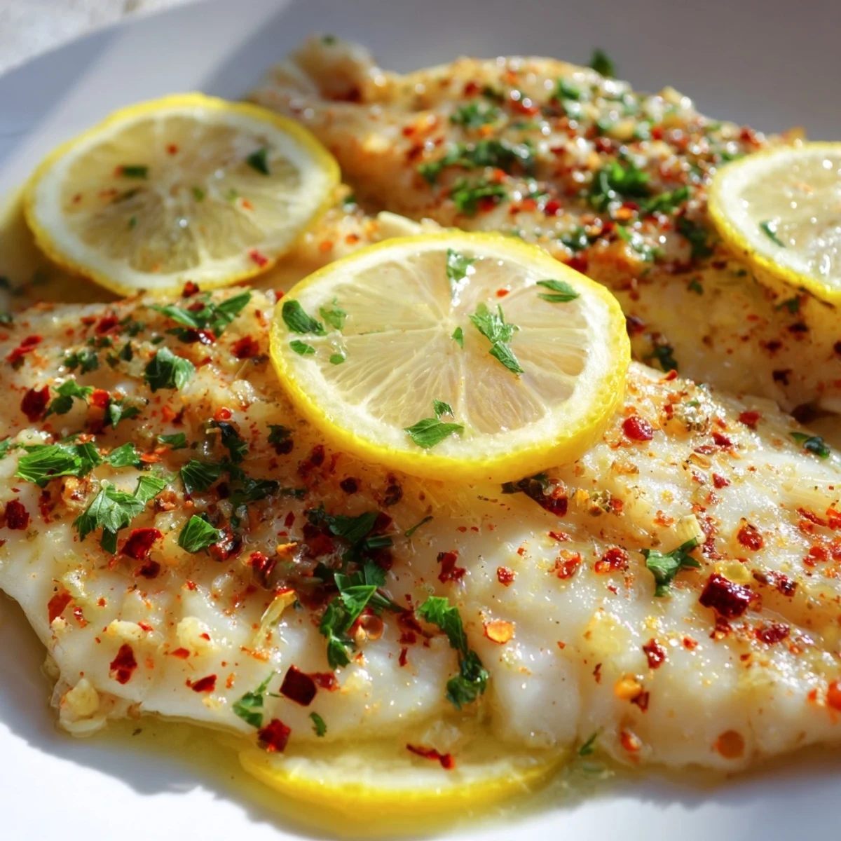 Family-style Baked Tilapia with Lemon Butter and Garlic topped with lemon slices.